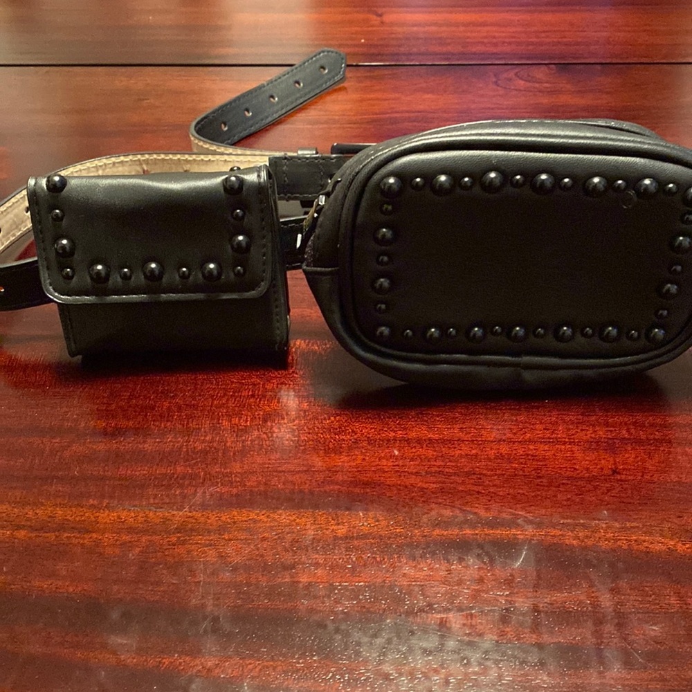 Black studded 2 pocket belt bag.
